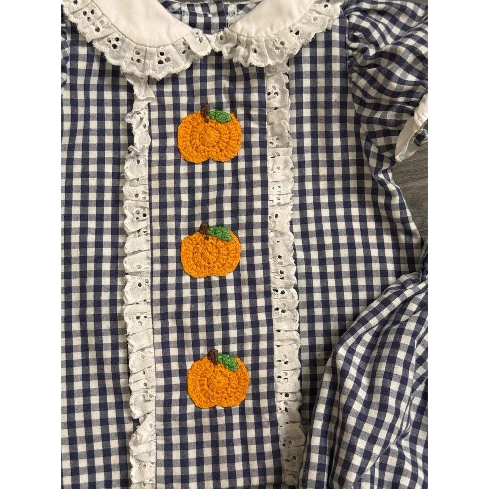 Baby Girl Pumpkin Bloomer Set 12M Navy Gingham Smocked Cottagecore Fall